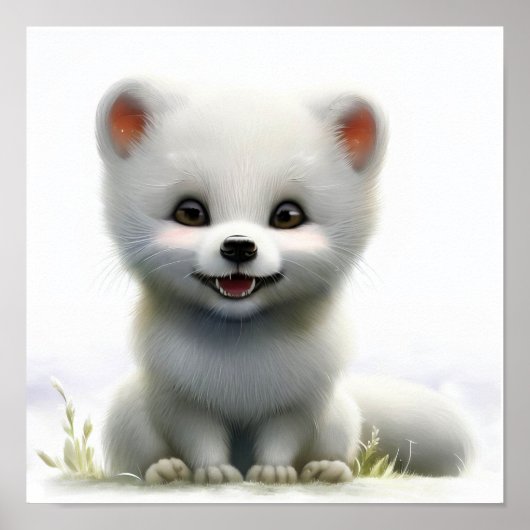 北極描写キツネの絵を描3D水色 ポスター (正面)