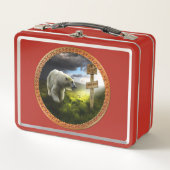 北極熊が北極の木製の看板を見ている メタルランチボックス (正面)