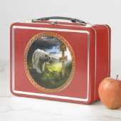 北極熊が北極の木製の看板を見ている メタルランチボックス (インサイチュ)