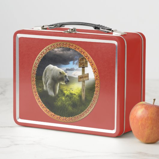 北極熊が北極の木製の看板を見ている メタルランチボックス (インサイチュ)