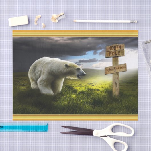 北極熊が北極の木製の看板を見ている 薄葉紙 (クラフト)