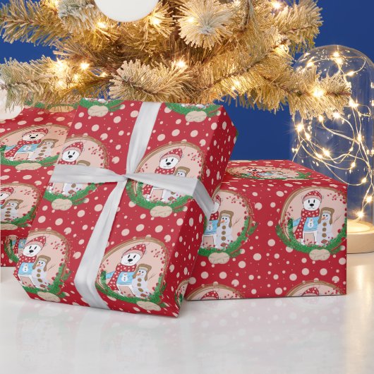 北極熊と雪だるま水玉模様パターン ラッピングペーパー (クリスマス)