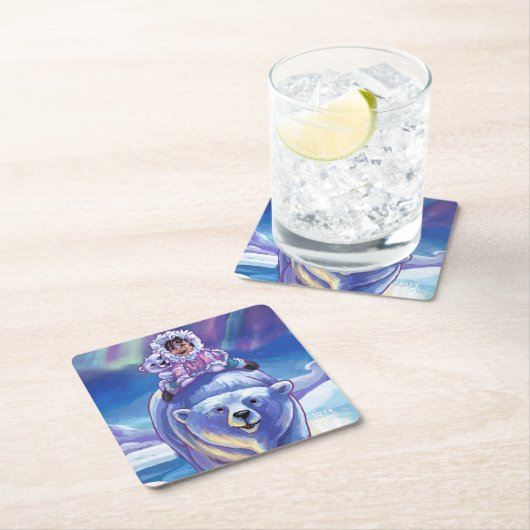 北極熊のバスの絵画 スクエアペーパーコースター (インサイチュ)