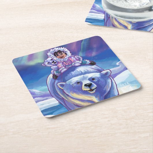北極熊のバスの絵画 スクエアペーパーコースター (アングル)