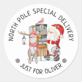 北極特別配達サンタとトナカイ ラウンドシール (正面)