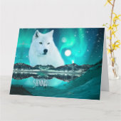 北極狼と魔法のような夜、オーロラが輝く カード (黄色い花)