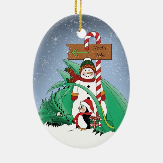 北極雪だるまドラゴンペンギンクリスマス セラミックオーナメント (裏面)