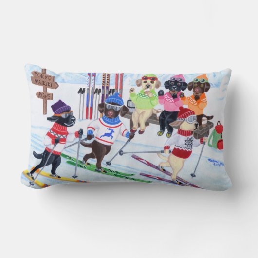 北欧にスキーラブラドールの絵を描くこと ランバークッション (正面)