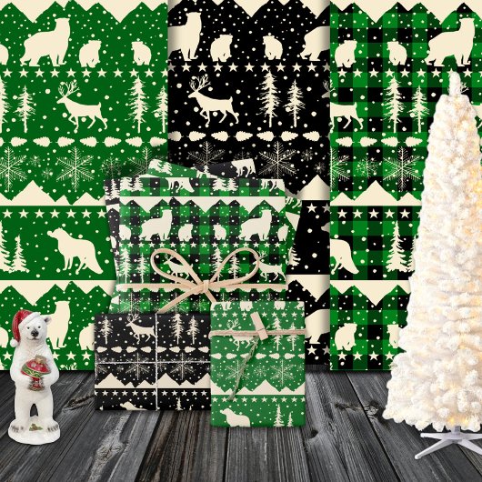 北欧のセーターベージュグリーンプライド冬の動物 ラッピングペーパーシート