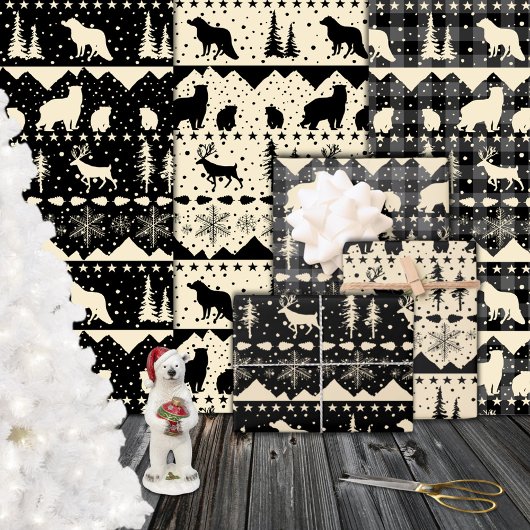 北欧のセーターベージュブラックプライド冬の動物 ラッピングペーパーシート