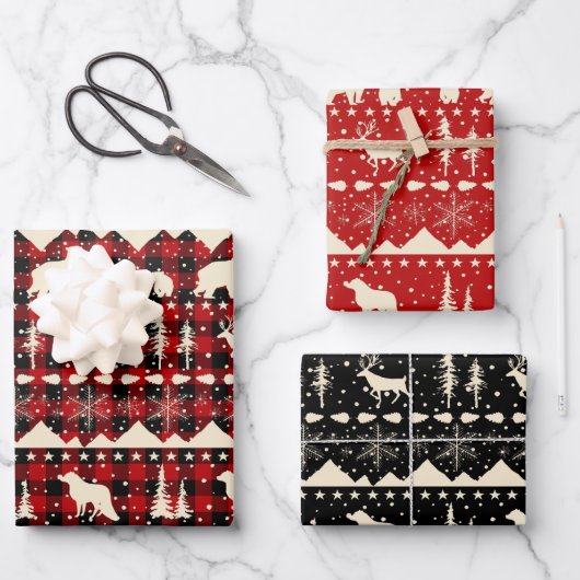 北欧のセーターベージュレッドプライド冬の動物 ラッピングペーパーシート (正面)