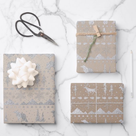 北欧のセー素朴タークラフトシルバーウィンター動物 ラッピングペーパーシート (正面)