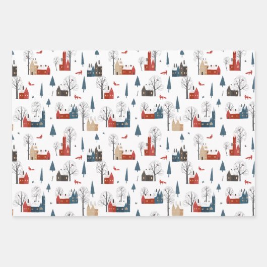 北欧の冬のシンプルミニマリストタウンフォレストキツネ ラッピングペーパーシート (正面2)
