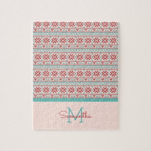 北欧の冬のセーターフェイクニットパターンモノグラム ジグソーパズル (縦)