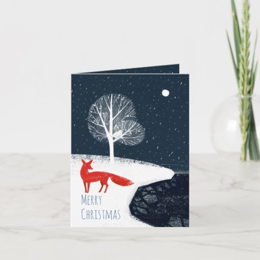 北欧の冬の夜の赤いキツネでフィヨルド シーズンカード (正面)