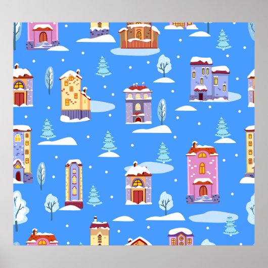 北欧の冬の家々雪のパターン ポスター (正面)