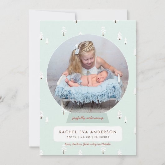 北欧の冬の新生児初めてのクリスマススノーグローブ シーズンカード (正面)