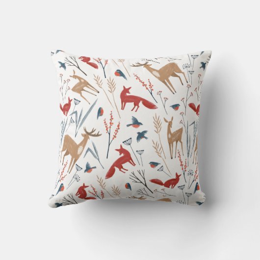 北欧の冬の森の動物と果実のパターン クッション (裏面)