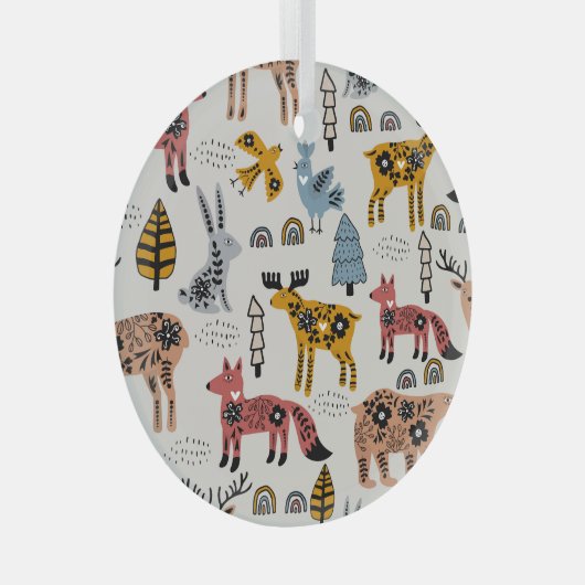 北欧の動物、フローラ、かわいいパターン。 ガラスオーナメント (正面右)