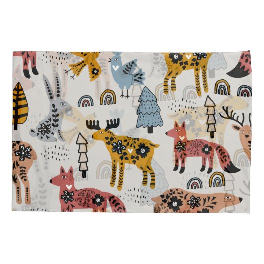 北欧の動物、フローラ、かわいいパターン。 枕カバー (裏面)