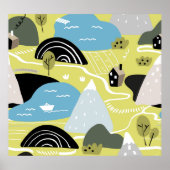 北欧の家、木、山のパターン。 ポスター (正面)