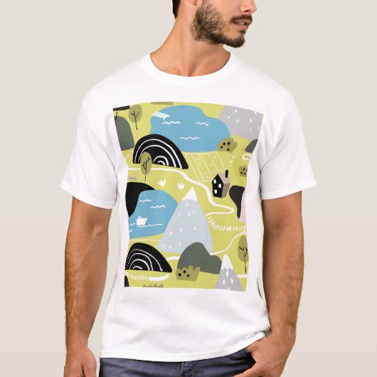 北欧の家、木、山のパターン。 Tシャツ (正面)