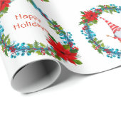 北欧の小人スキーヤーのクリスマスリース 楽しいホリデーシーズン ラッピングペーパー (ロールコーナー)