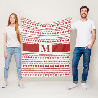 北欧の明るい赤と冬の白い北極ストライプ フリースブランケット