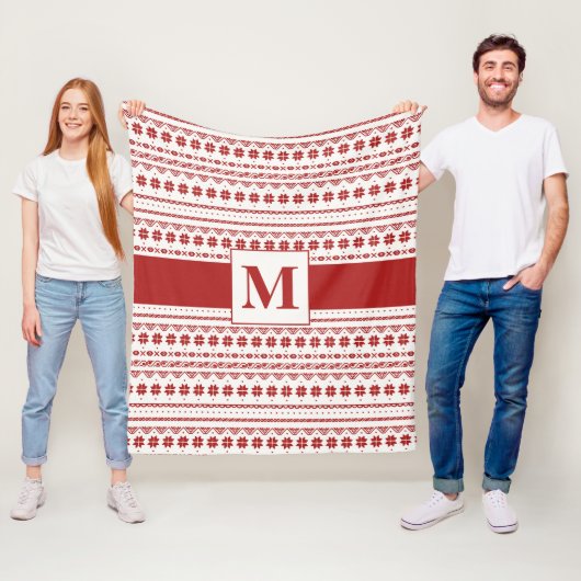 北欧の明るい赤と冬の白い北極ストライプ フリースブランケット (インサイチュ)