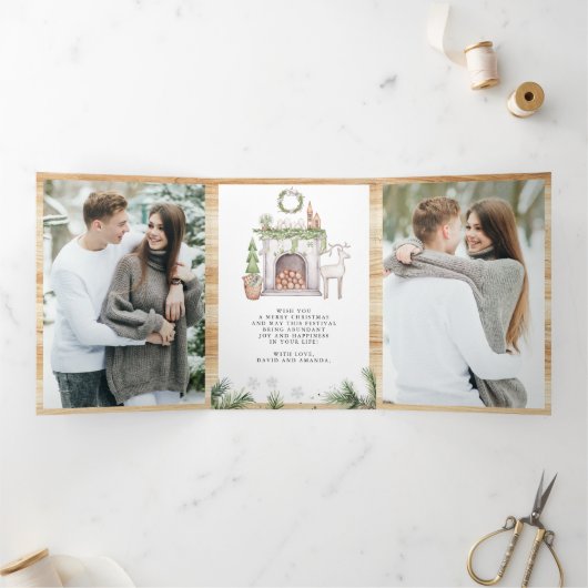 北欧の暖炉の写真クリスマス 三つ折りクリスマスカード (内部)