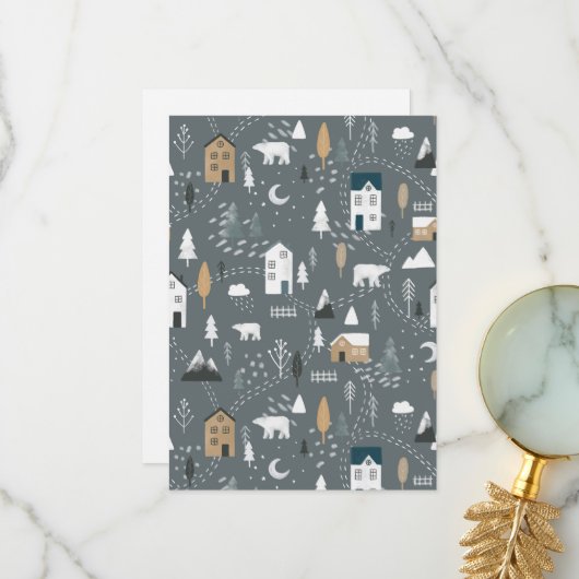 北欧の村の居心地の良い青い灰色の冬 サンキューカード (正面/裏面インサイチュ)