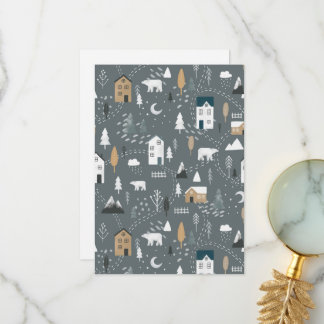 北欧の村の居心地の良い青い灰色の冬 サンキューカード