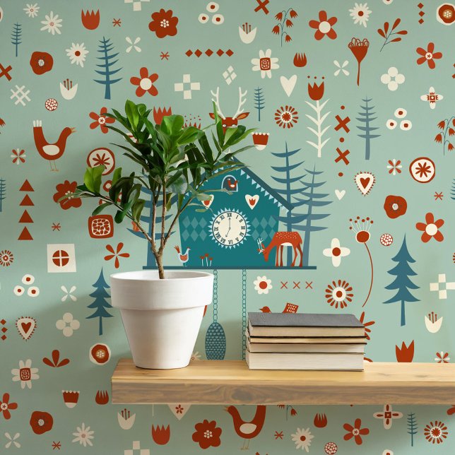 北欧の森林パターン 壁紙 (Scandinavian Forest sage teal green folk art peel and stick wallpaper)