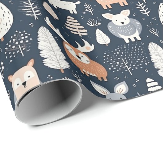 北欧の森林動物のクリスマスの冬 ラッピングペーパー (ロールコーナー)