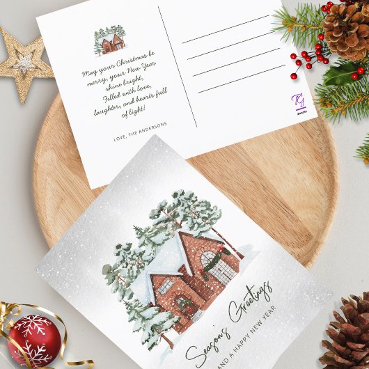 北欧の水の色の雪片パインフォレストクリスマス シーズンポストカード