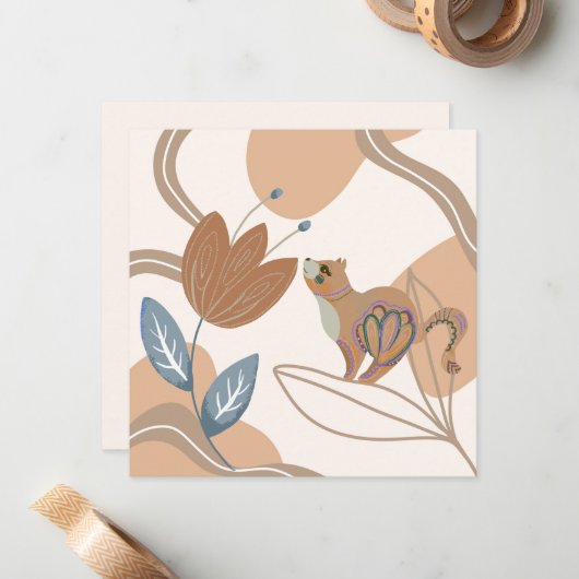 北欧の猫と花が色合いの茶色 ノートカード (正面/裏面インサイチュ)