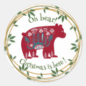 北欧の赤いクマの緑のリースのクリスマスクォート ラウンドシール (正面)