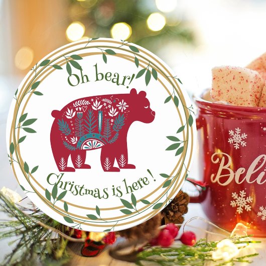 北欧の赤いクマの緑のリースのクリスマスクォート ラウンドシール