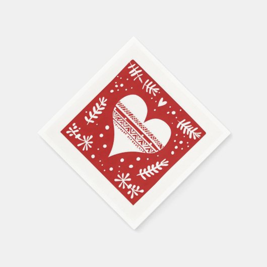 北欧の赤と白クリスマスハート スタンダードカクテルナプキン (角)