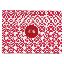 北欧の雪の結晶パターンカスタムネームクリスマス ラージペーパーバッグ