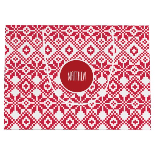 北欧の雪の結晶パターンカスタムネームクリスマス ラージペーパーバッグ (正面)