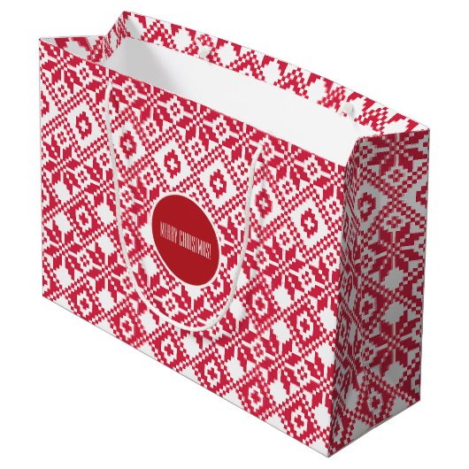 北欧の雪の結晶パターンカスタムネームクリスマス ラージペーパーバッグ (裏面アングル)