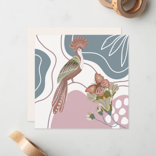 北欧の鳥と花が青とタンのノートカード ノートカード (正面/裏面インサイチュ)