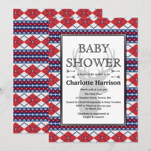 北欧アーガイルニットパターン冬のベイビーシャワー 招待状 (正面/裏面)