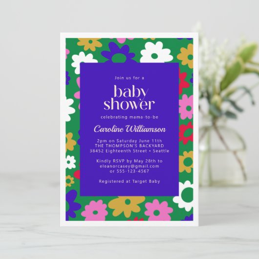 北欧カラフルの花の緑の赤ちゃんシャワー 招待状 (スタンド正面)