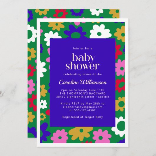北欧カラフルの花の緑の赤ちゃんシャワー 招待状 (正面/裏面)