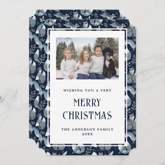 北欧キツネブルーフォトメリークリスマスカード シーズンカード (正面/裏面)