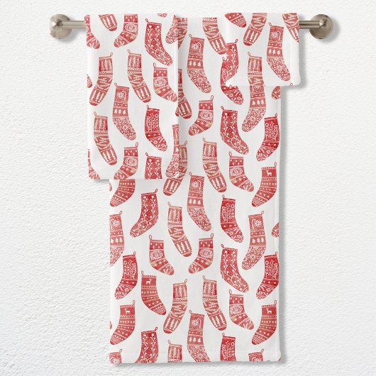 北欧クリスマスストッキングパタ赤と白ーン バスタオルセット