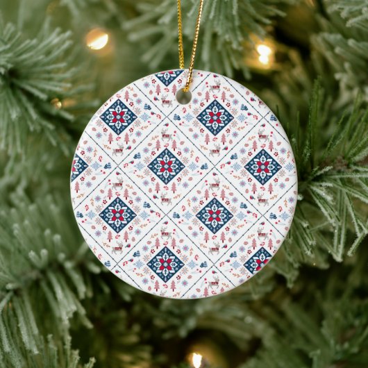 北欧クリスマスパターン、雪片とトナカイ セラミックオーナメント (ツリー)