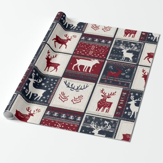 北欧クリスマスパッチワーク | ニットのトナカイ ラッピングペーパー (アンロールド)